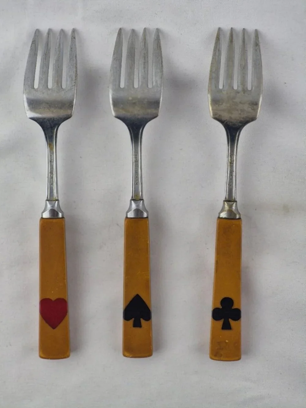 Art Deco Bakelite Flatware Inlaid Playing Card Suits 3 forks, 7 knives 7 spoons